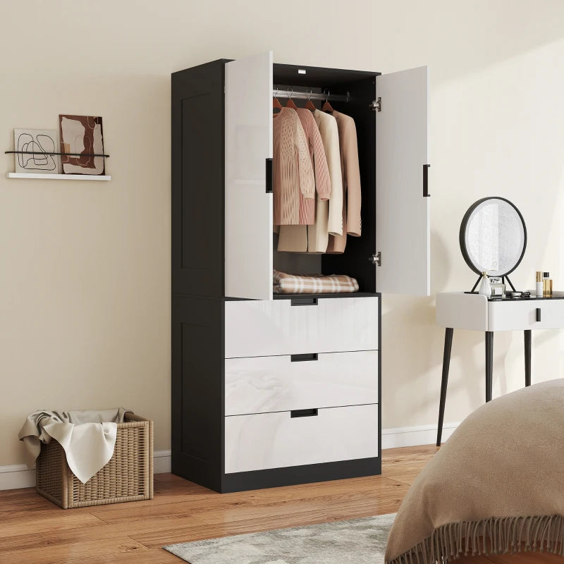 Modern 2 Door Wardrobe with 3 Drawers and Hanging Rod for Stylish Bedroom Storage