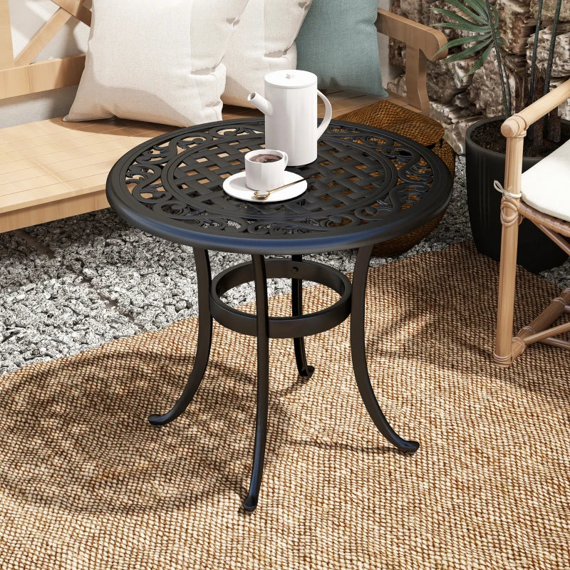 60cm Black Round Garden Table - Outdoor Hollow Top Design Side Table with Cast Aluminium Frame for Patio, Garden, Balcony