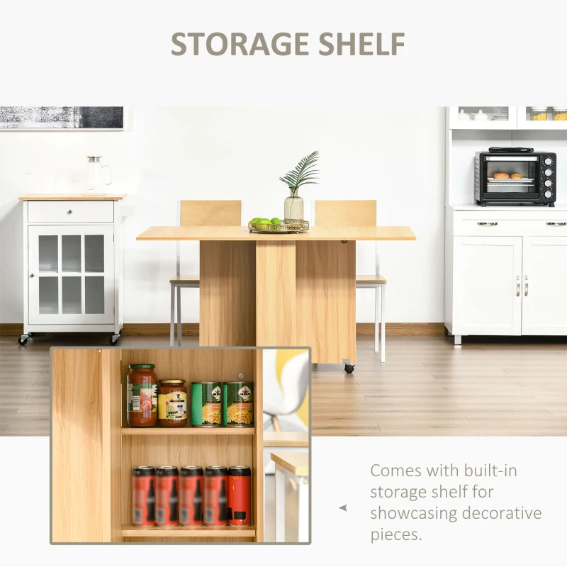 Folding Dining Table with Drop Leaf - Space-Saving Rectangular Tabletop & Storage Shelves for Kitchen & Dining Room - Teak Finish