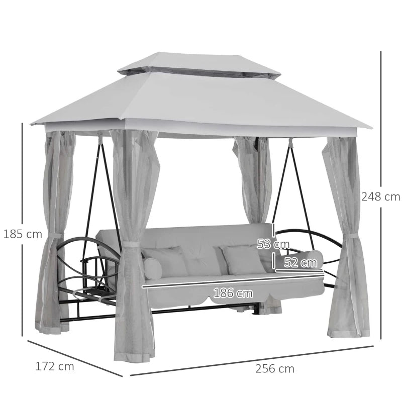 3 Seater Outdoor Swing Bed with Canopy, Cushioned Seat - Light Grey