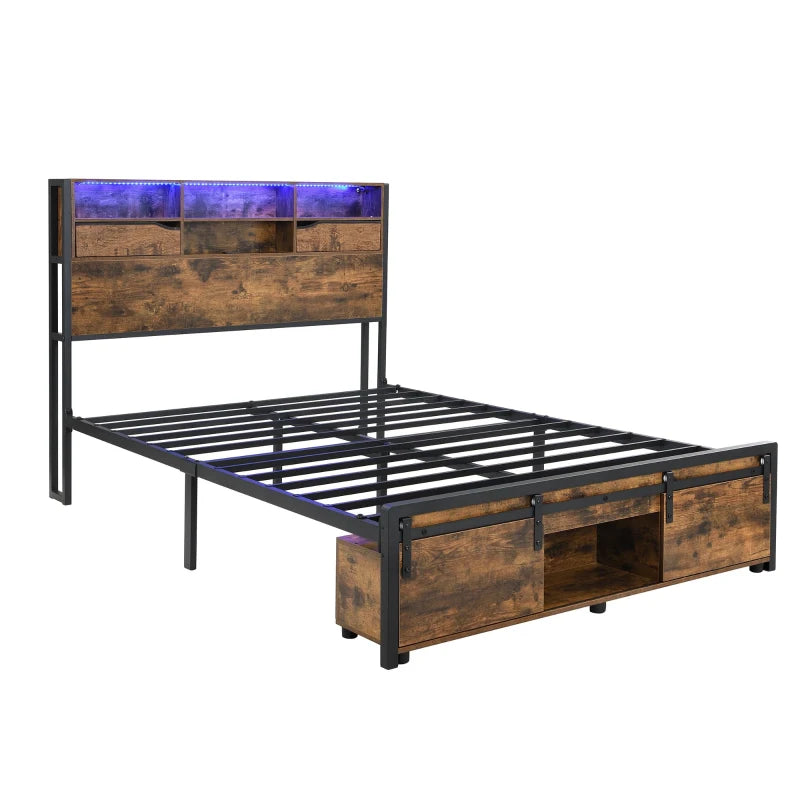 Metal Double Bed with LED Lights & Charging Ports, Storage Base, 209x137.5x114.5 cm, Black & Natural Finish