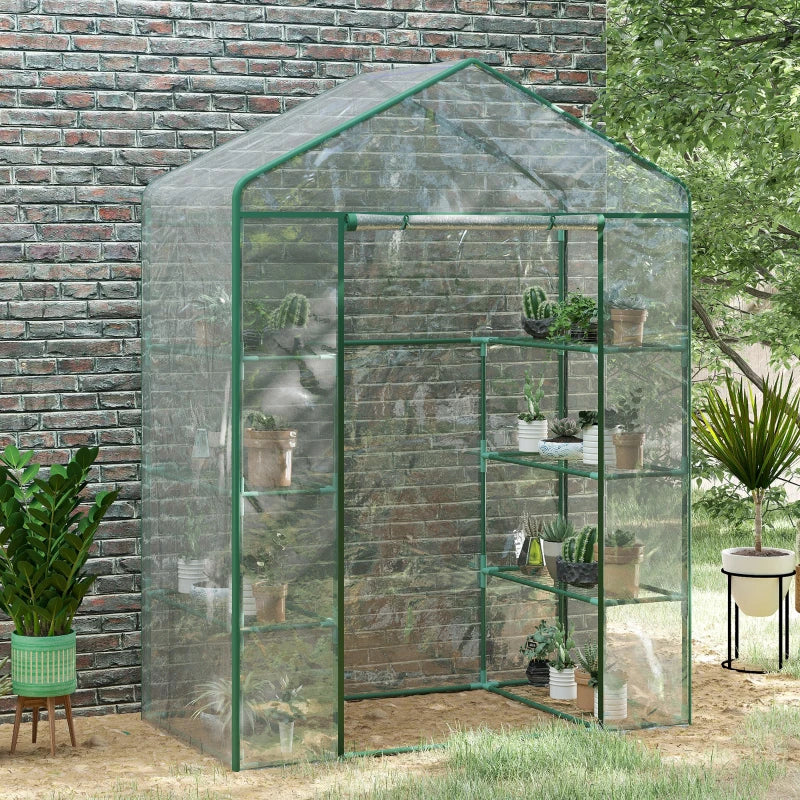 4-Tier Green Walk-in Greenhouse with Roll-up Door, Steel Frame, 143x73x195cm