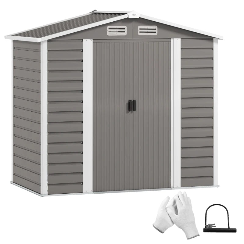 7x4ft Metal Garden Shed - Easy Assembly, Galvanised Steel, Double Doors, Vents, Light Grey