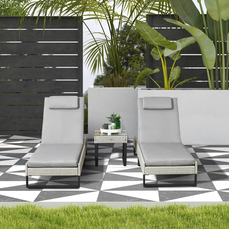 3-Piece Rattan Sun Lounger Set - Adjustable Recliner, Chaise Lounge Chair, Coffee Table - Light Grey