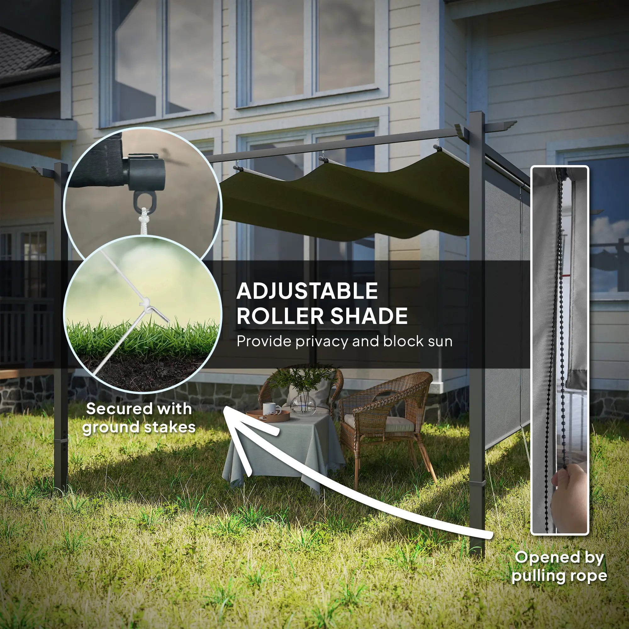 3m x 4m Metal Pergola with Retractable Roof and Roller Shade, Wall-Mounted or Free Standing Garden Gazebo Canopy - UPF30+