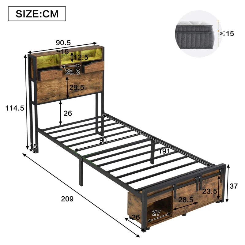 Modern Metal Single Bed with LED Lights & USB Charging Ports, Sturdy Iron Slats, Black & Natural, 209x90.5x114.5 cm