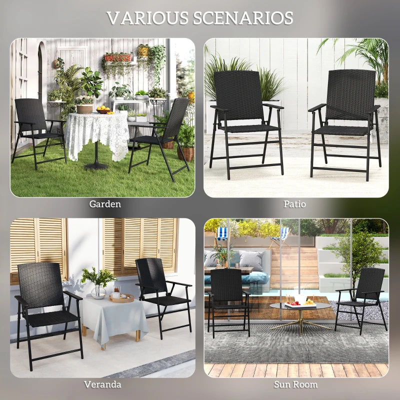 Set of 2 Black Folding Rattan Chairs - Stylish Outdoor Seating for Patio, Garden, and Balcony