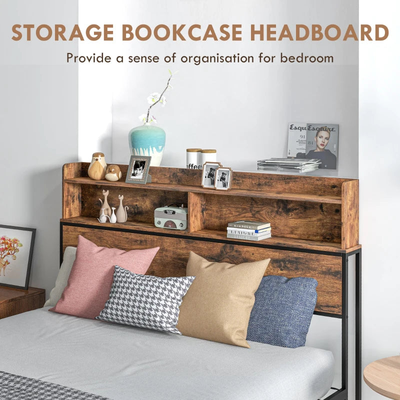 Industrial Style Double Bed Frame with Storage Headboard and Slatted Support 141x207cm Rustic Brown