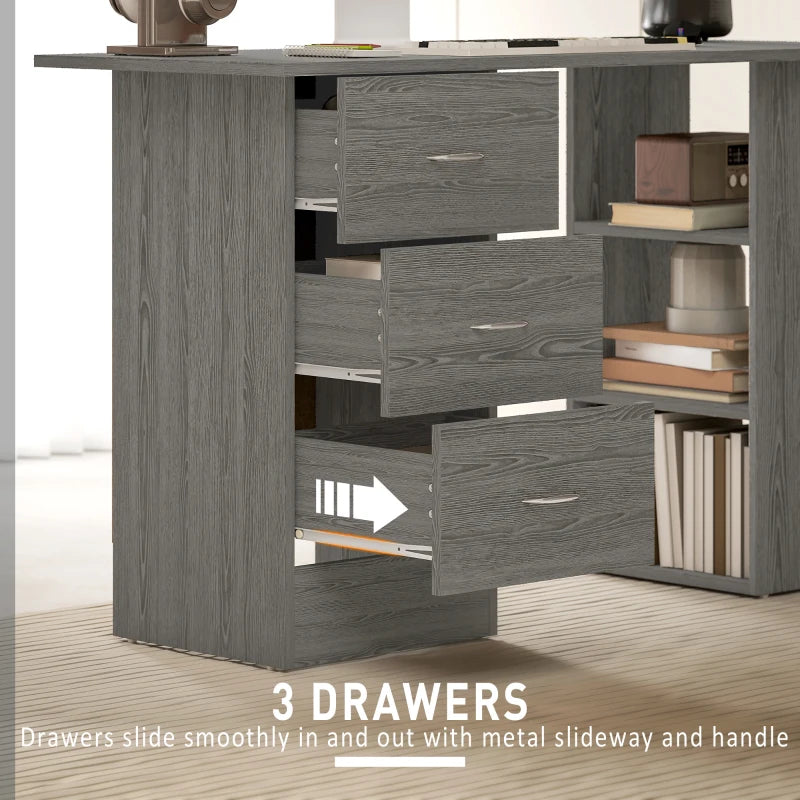 Modern Grey Computer Desk with 3 Storage Shelves & Drawers, Stylish Writing Table for Home Office, Silver Handle Workstation