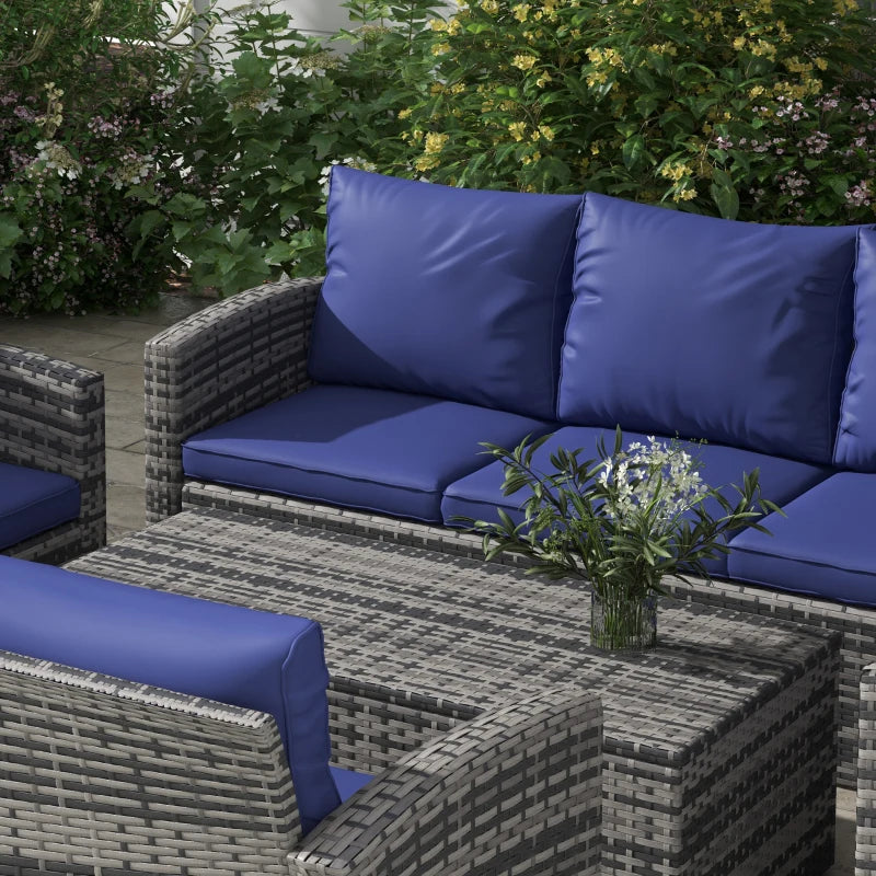 6-Piece Navy Blue Rattan Garden Furniture Set - 7-Seater Wicker Outdoor Sectional Sofa with Cushions & Storage Tea Table