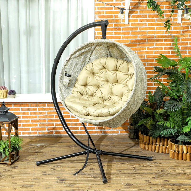 Hanging Egg Chair - Khaki Outdoor Indoor Garden Swing Chair with Stand, Thickened Cushion & Cup Holder - Folding Basket Design