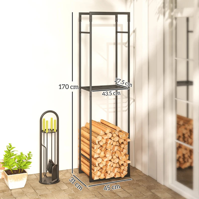 Heavy Duty Metal Firewood Log Holder Rack with Adjustable Shelf - Indoor/Outdoor Fireplace Wood Storage, 45x31x170 cm, Black