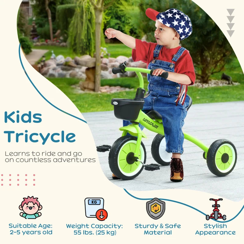Adjustable Kids Tricycle with Basket and Bell for Ages 2-5 Years Green