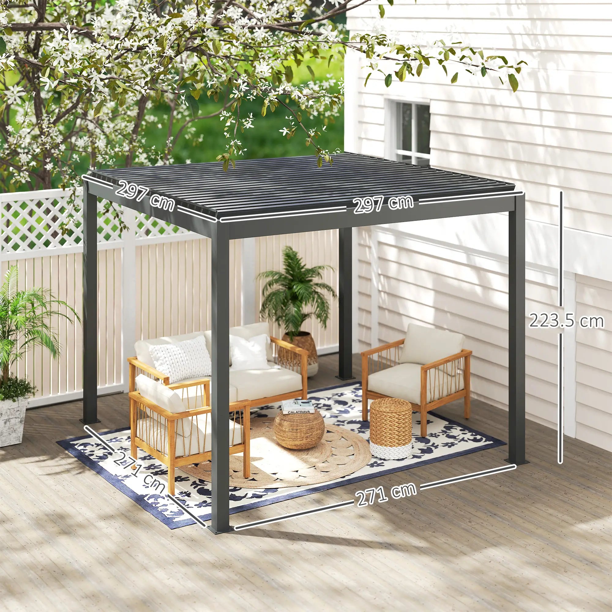 3m x 3m Electric Louvered Pergola with LED Lights - Solid Aluminium Hardtop Gazebo with Remote, Adjustable Roof and Drainage System, Water and UV Resistant