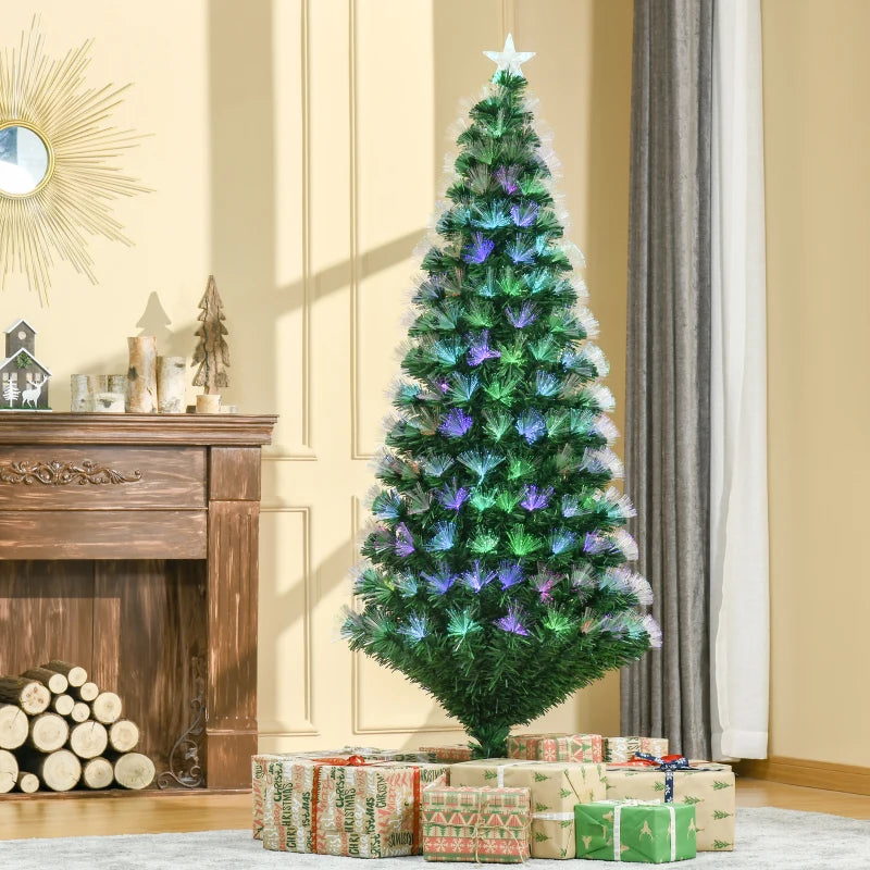 6FT Multicoloured Pre-Lit Artificial Christmas Tree with Fibre Optic Lights, Metal Stand & Star Holder - Festive Home Decoration