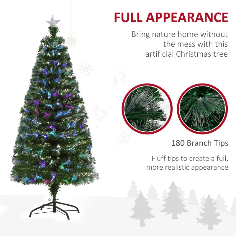 5FT Multicoloured Artificial Christmas Tree with Fibre Optic Lights, Pre-Lit Modes, Metal Stand & Star Holder - Festive Home Decoration