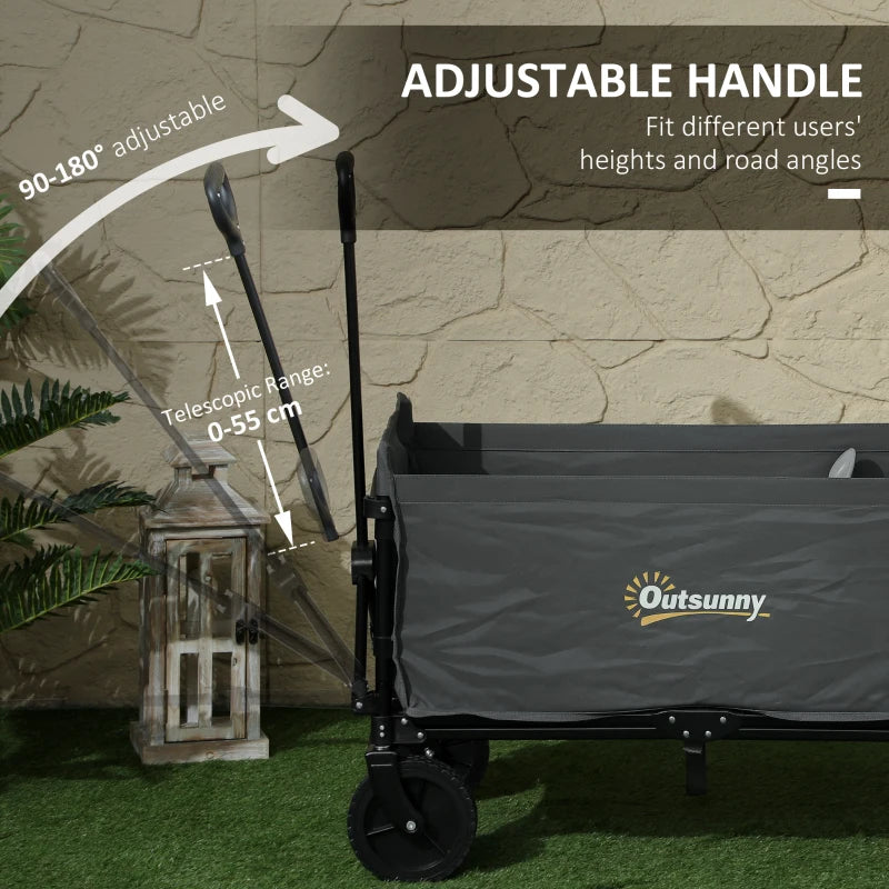 120L Grey Folding Garden Trolley Cart - Outdoor Collapsible Wagon with Wheels & Adjustable Handle for Beach, Camping & Festivals