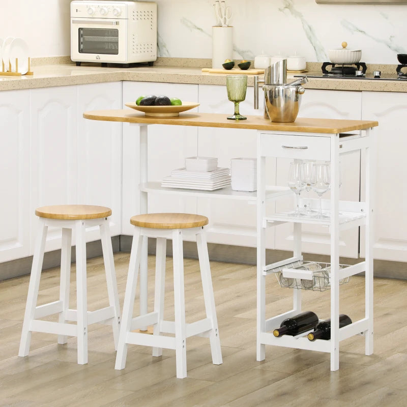 3 Piece Bar Table Set with Stools, Storage Shelf, Drawer, Wire Basket & Wine Rack - Natural & White Finish for Kitchen & Home Bar