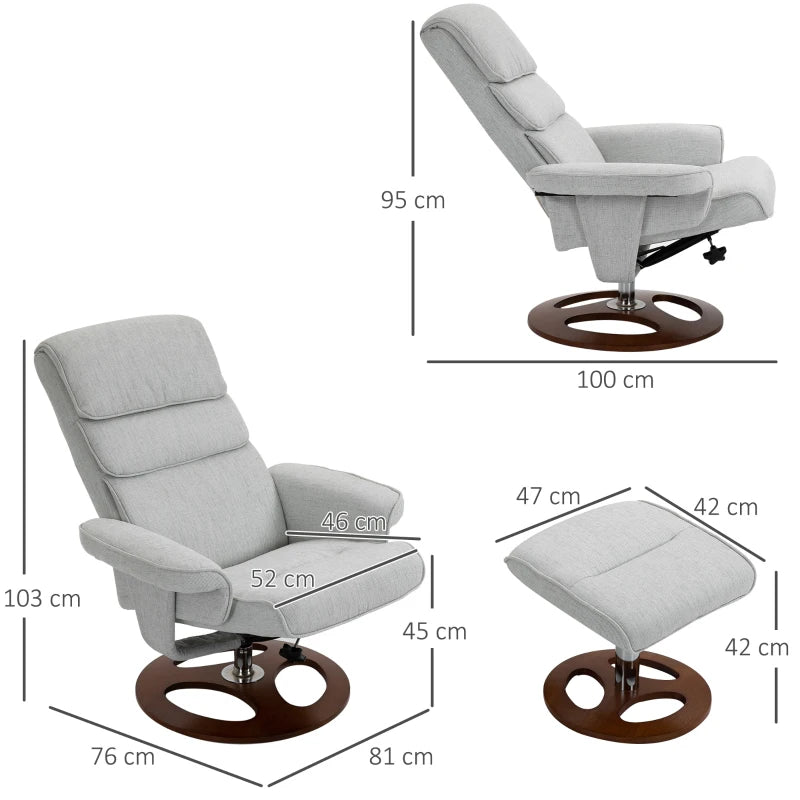 Modern Grey Recliner Chair and Ottoman Set with 360° Swivel, Soft Padding and Wooden Base