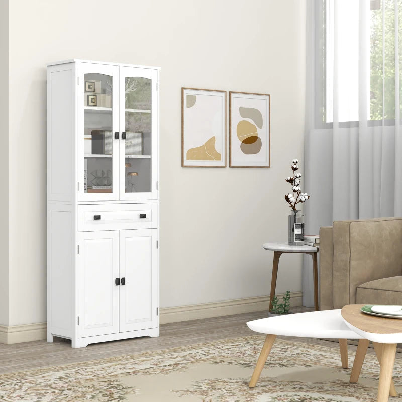 Stylish White Freestanding Kitchen Cupboard - 160cm Storage Cabinet with Glass Door, 2 Adjustable Shelves & Drawer for Living Room/Dining Room