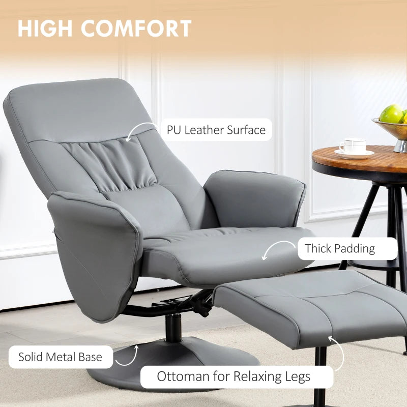 Light Grey Swivel Recliner Chair with Footstool – PU Leather Armchair and Ottoman for Living Room Comfort