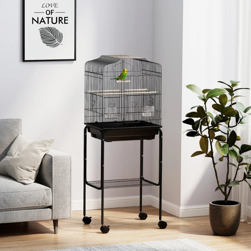 Bird Cage for Budgies Finches and Parakeets with Stand Wheels and Slide-out Tray Storage Shelf Black