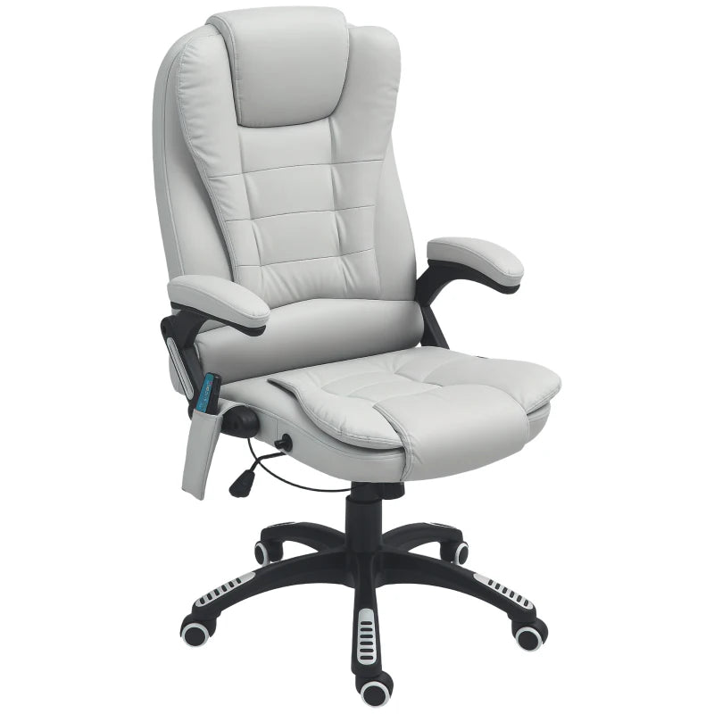 Light Grey 6-Point Massage Office Chair with Heated Seat, PU Leather High Back, Adjustable Height & 360° Swivel for Home Office
