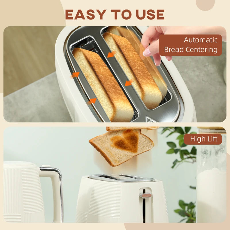 Cream White Kettle and Toaster Set - 1.7L Fast Boil Kettle & 2 Slice Toaster with 7 Browning Levels, Defrost & Reheat