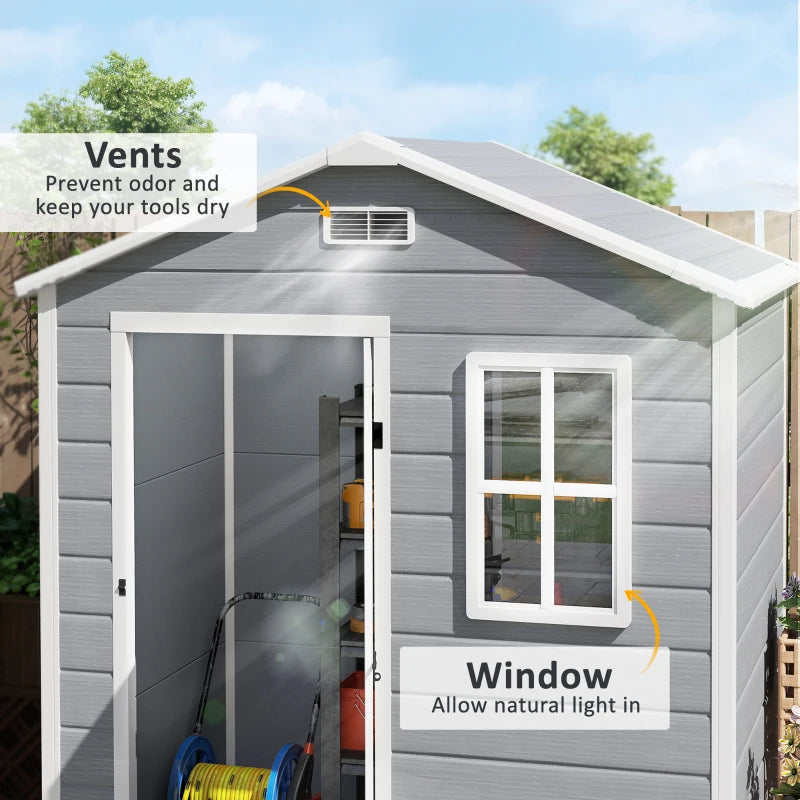 6ft x 4ft Grey Plastic Garden Shed with Floor, Window, Lockable Door and Vents - Wood Effect Resin Tool Storage for Outdoor Use