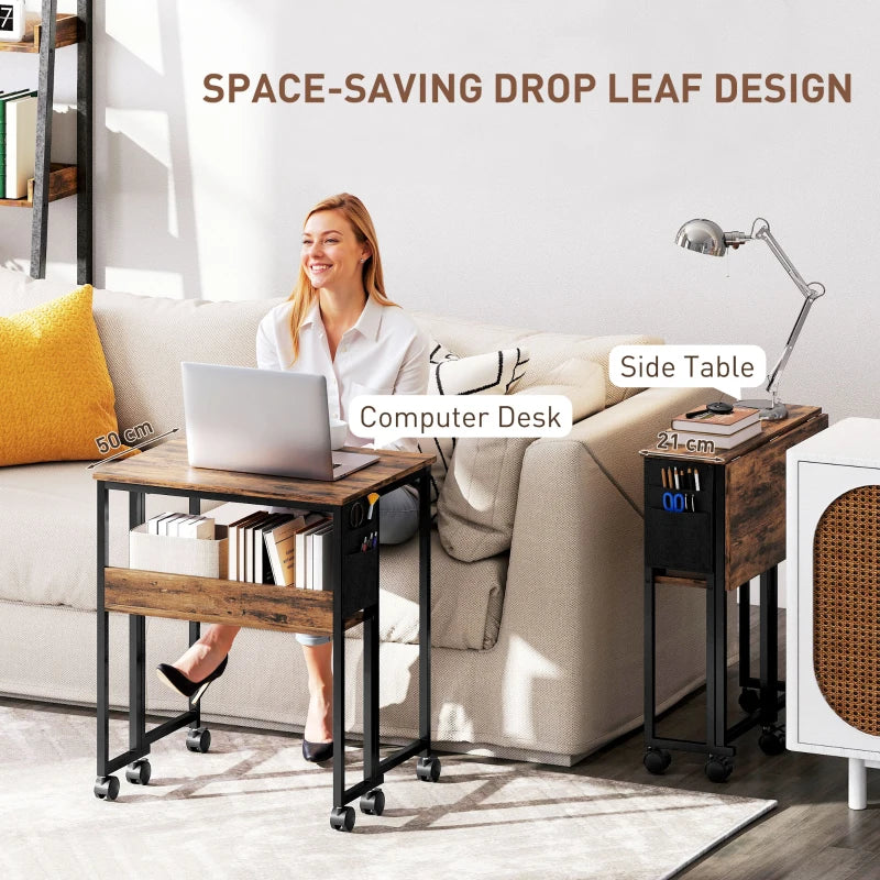 Rustic Brown 63 cm Drop Leaf Writing Desk - Space-Saving Home Office Workstation with Stylish Design