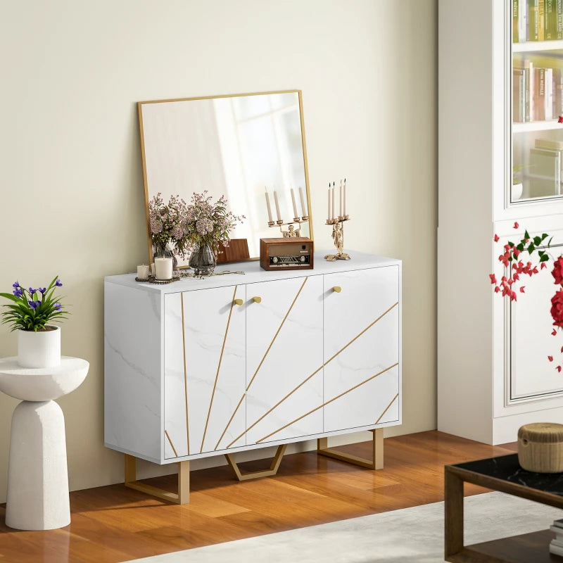 Modern Sideboard Storage Cabinet with Adjustable Shelves & Metal Legs - White Marble Tone for Living Room, Kitchen, Dining Room, Entryway