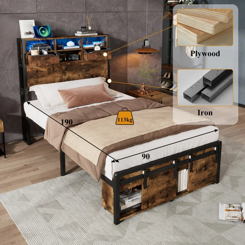 Modern Metal Single Bed with LED Lights & USB Charging Ports, Sturdy Iron Slats, Black & Natural, 209x90.5x114.5 cm