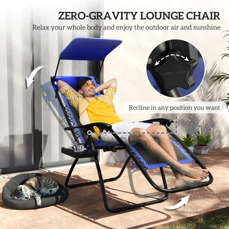 Zero Gravity Lounger Chair - Folding Reclining Patio Chair with Shade Cover, Padded Seat, Cup Holder, Soft Cushion and Headrest - Blue, Large Size