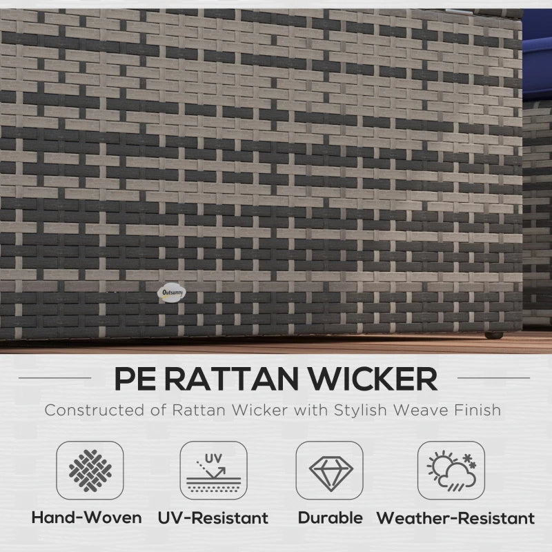 6-Piece Navy Blue Rattan Garden Furniture Set - 7-Seater Wicker Outdoor Sectional Sofa with Cushions & Storage Tea Table