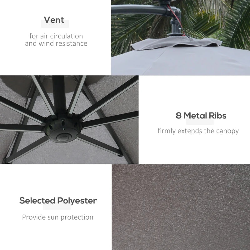 3m LED Cantilever Patio Umbrella - Grey