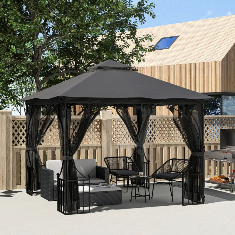 3m x 3m Dark Grey Garden Gazebo - Patio Party Tent Shelter with Double Tier Canopy and Metal Frame