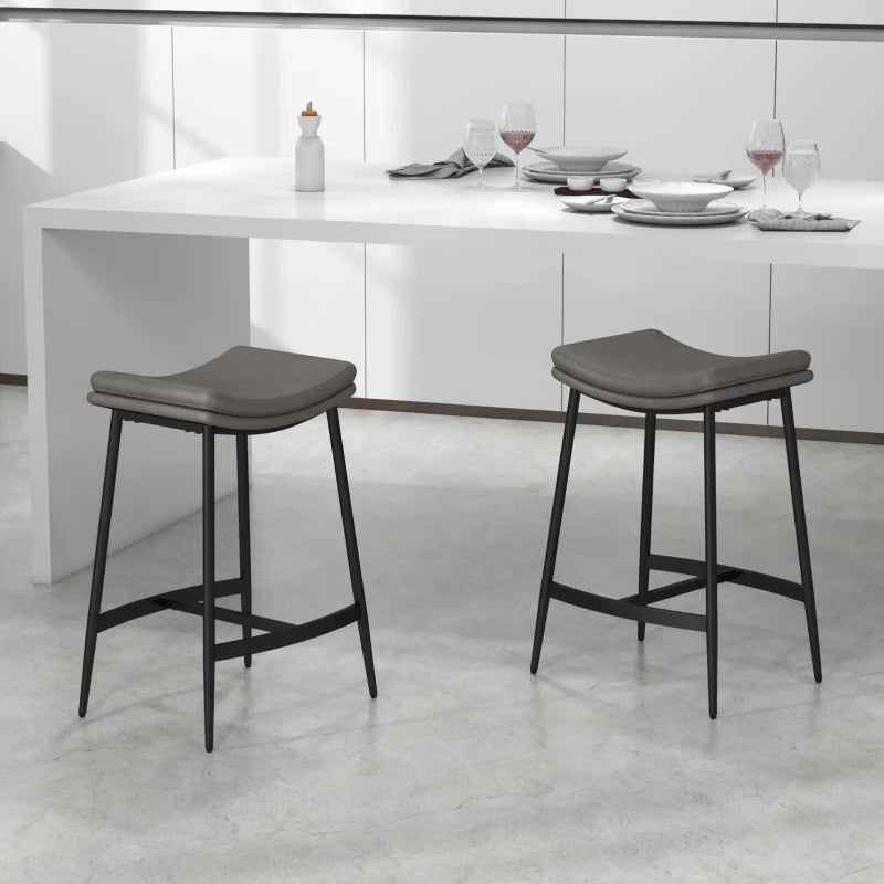 Set of 2 Grey Microfibre Upholstered Bar Stools - Industrial Curved Seat Design with Steel Frame for Kitchen & Dining Room