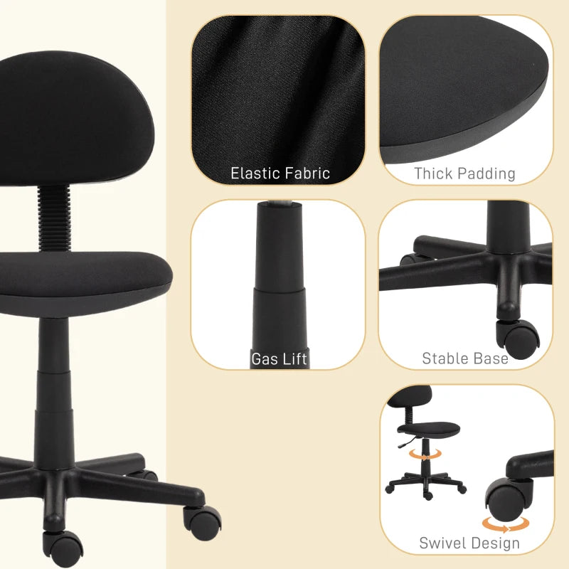 Ergonomic Small Armless Office Chair - Stylish Black Design for Home & Office Use - Compact & Comfortable Seating