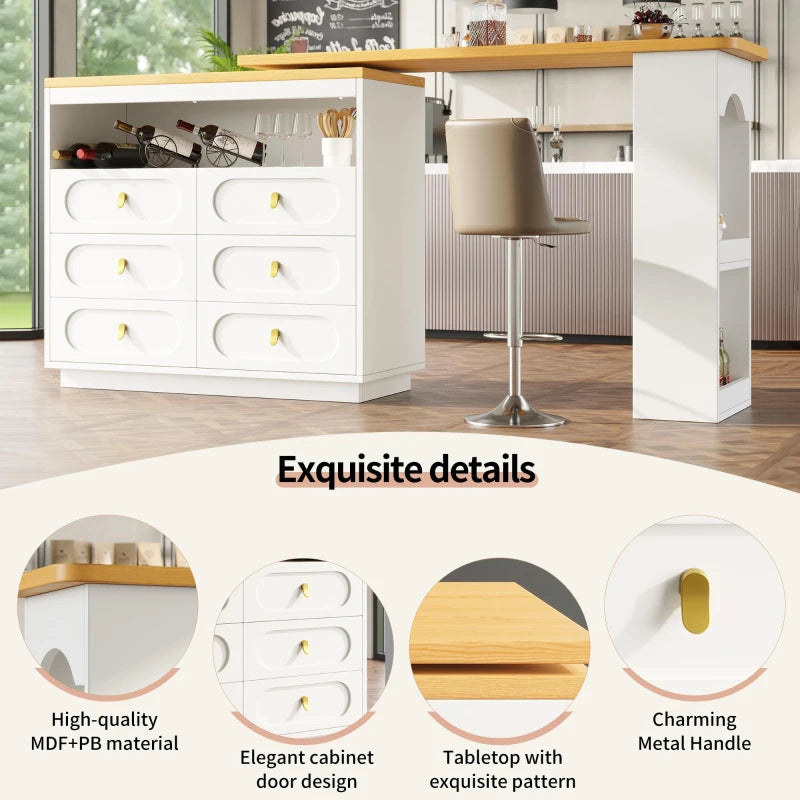 360° Rotating Bar Table with Side Table & Spice Rack - Extendable Kitchen Island with 6 Drawers, White, 137x39x90 cm