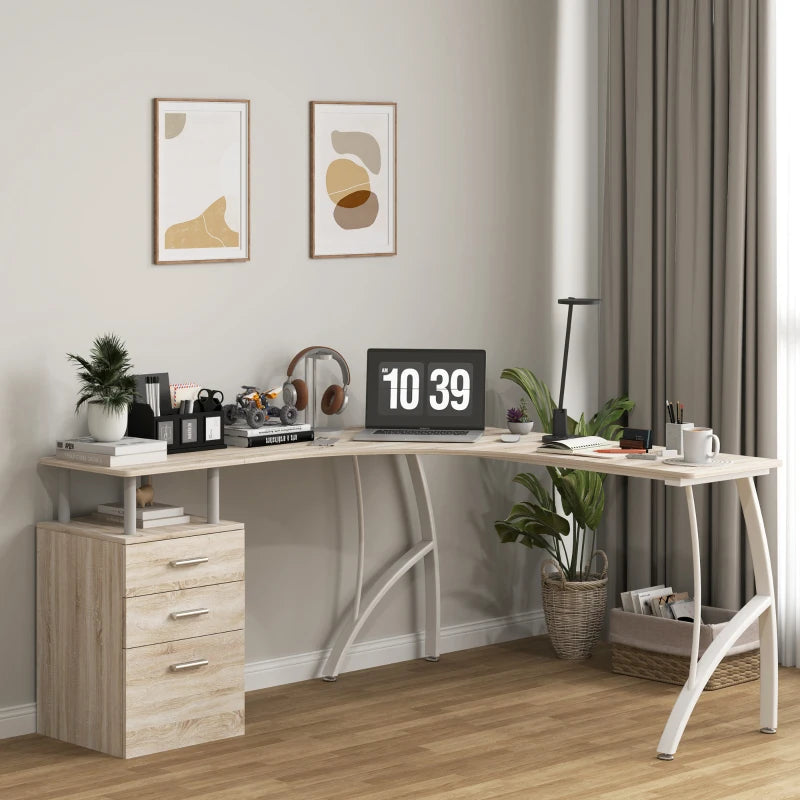 L-Shaped Computer Desk with Storage Drawer - Industrial Home Office Corner Workstation for A4 Files, Oak Finish, 143.5cm
