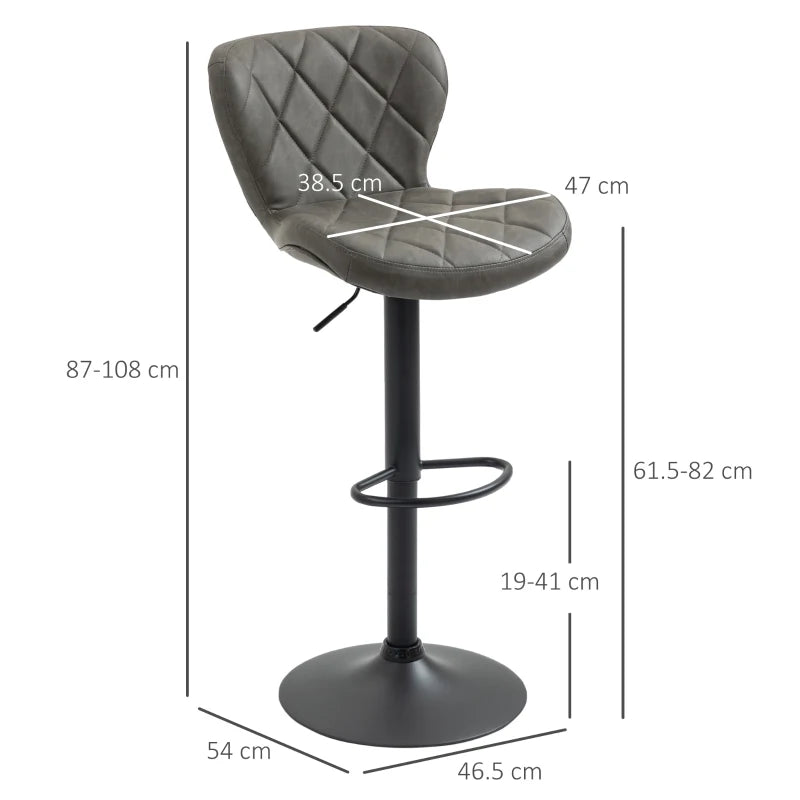Set of 2 Dark Grey Swivel Bar Stools with Backrest & Footrest - Steel Frame, Diamond Pattern PU for Kitchen & Dining
