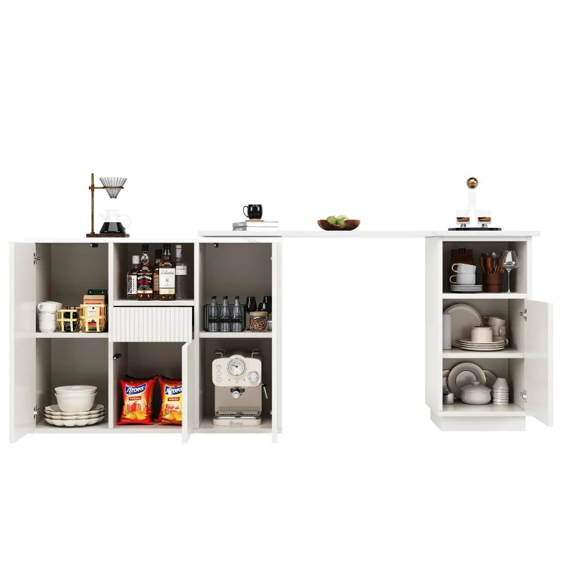 360° Swiveling Bar Table with Marble Top & Open Storage - Stylish Kitchen & Living Room Furniture, 198.5L x 30W x 72.5H cm, White