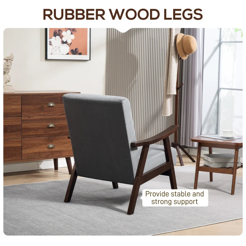 Nordic Accent Chair - Upholstered Velvet Armchair with Solid Wood Frame & Thick Padding for Living Room/Bedroom - Grey