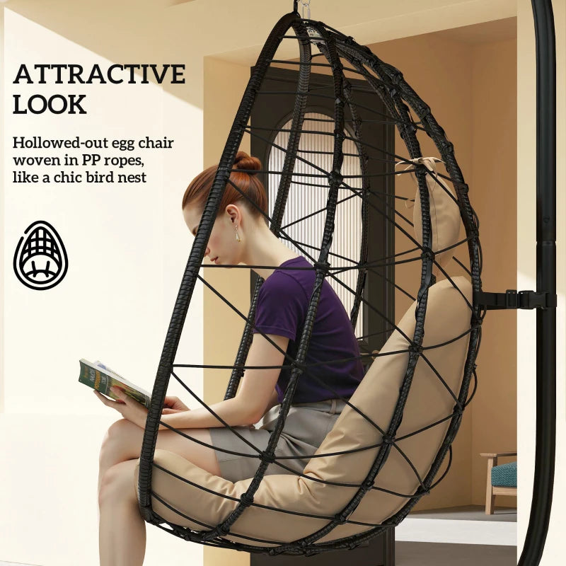 Hanging Egg Chair - Outdoor Indoor Garden Swing Chair with Folding Basket, Thickened Cushion, Headrest - Khaki - Perfect for Patio and Balcony