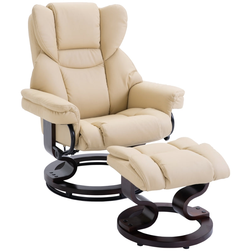 Cream Faux Leather Recliner Chair with Footstool, Swivel Armchair with Adjustable Backrest and Solid Wood Base for Living Room