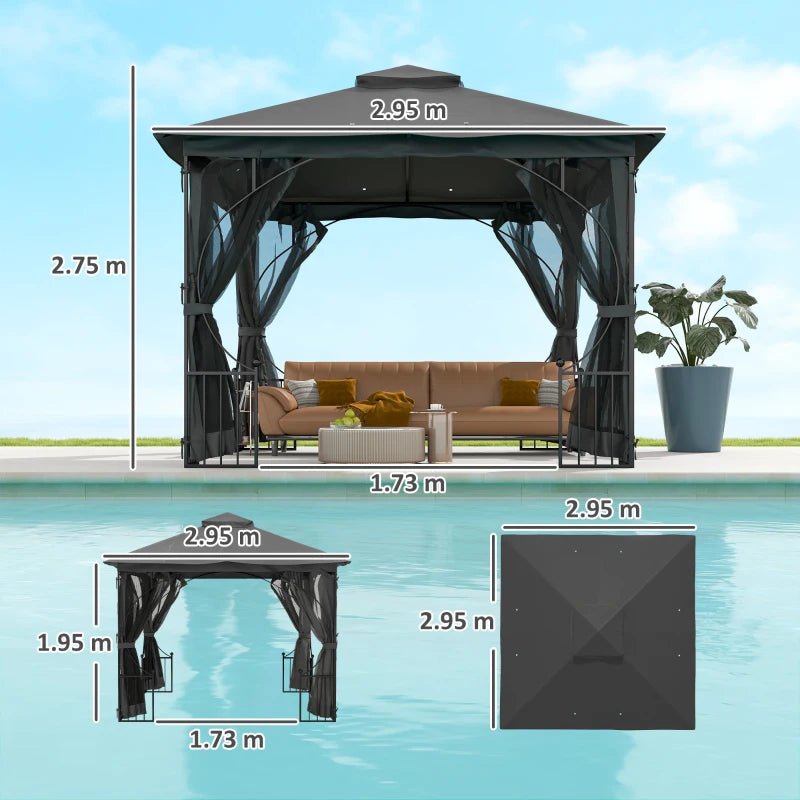 3m x 3m Dark Grey Garden Gazebo - Patio Party Tent Shelter with Double Tier Canopy and Metal Frame