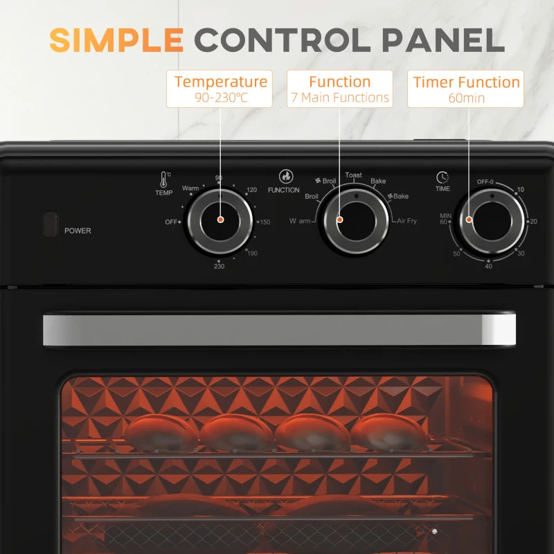 90-230 Mini Convection Oven with Air Fry Function - Compact Black Kitchen Appliance for Healthy Cooking