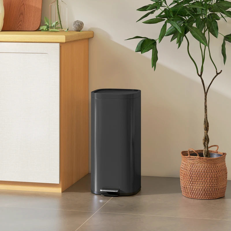 30L Compact Kitchen Pedal Bin with Soft-Close Lid, Stay-Open Feature & Removable Bucket - Black Trash Can for Home & Office