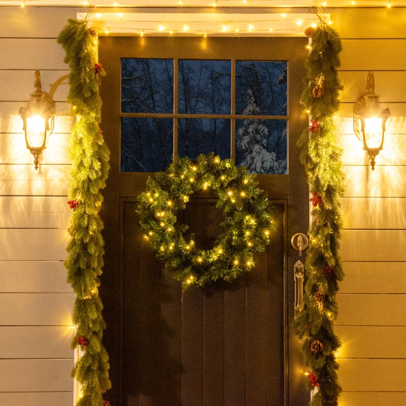 55CM Pre-lit Christmas Wreath with 50 Warm White LEDs - Perfect Artificial Door Decoration for Holiday Cheer