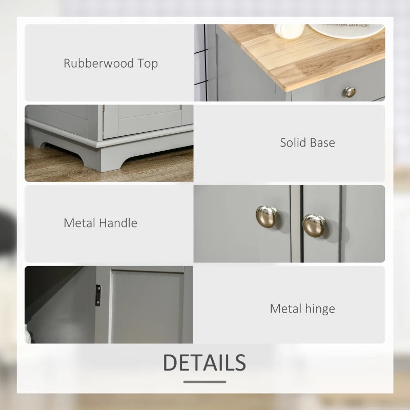 Modern Grey Sideboard with Rubberwood Top & Adjustable Shelves - Perfect for Dining Room & Kitchen Storage